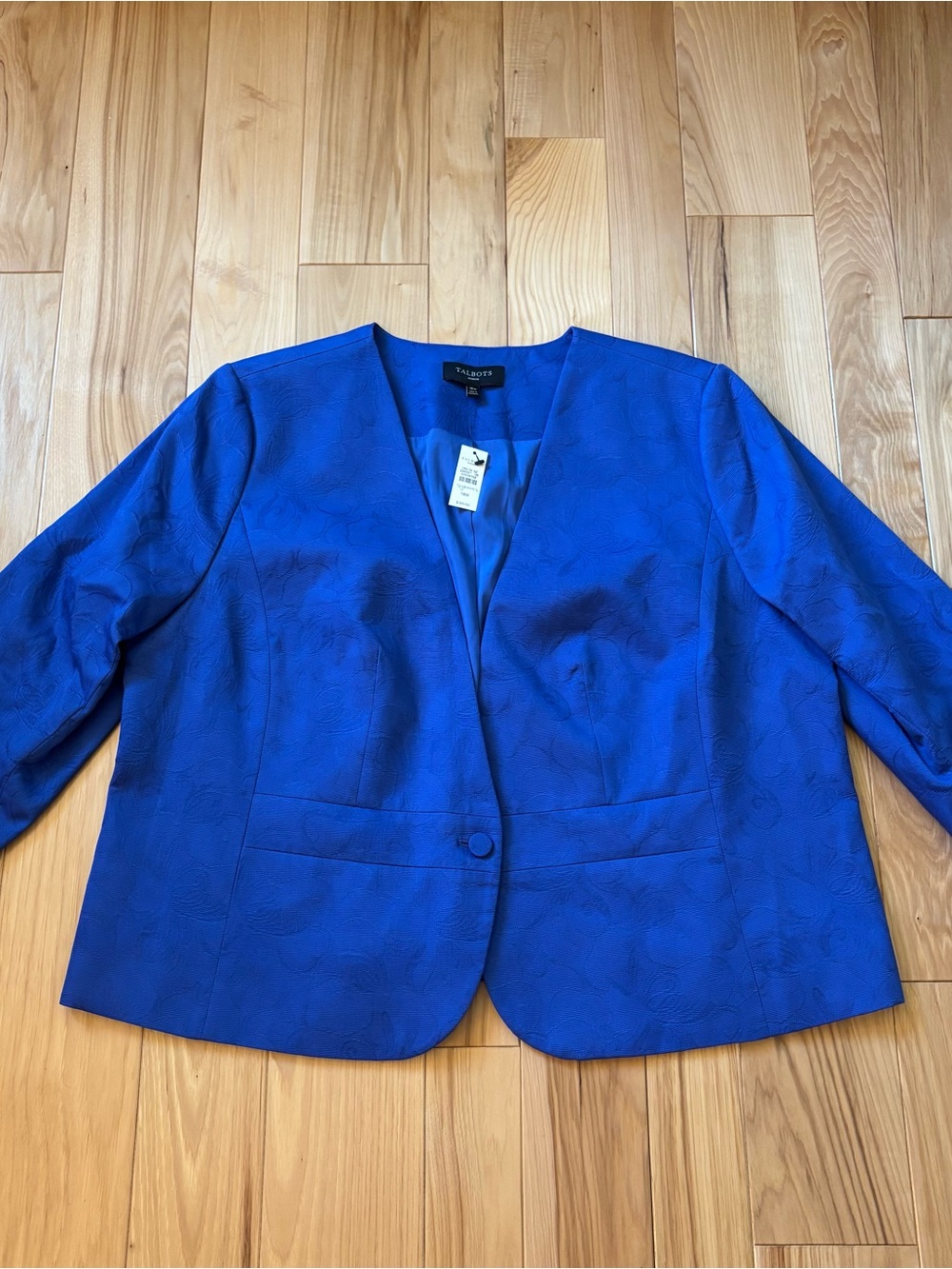 NEW Talbots Blue Collarless Floral Jacquard 3/4 Sleeves Cotton Jacket Size 18W